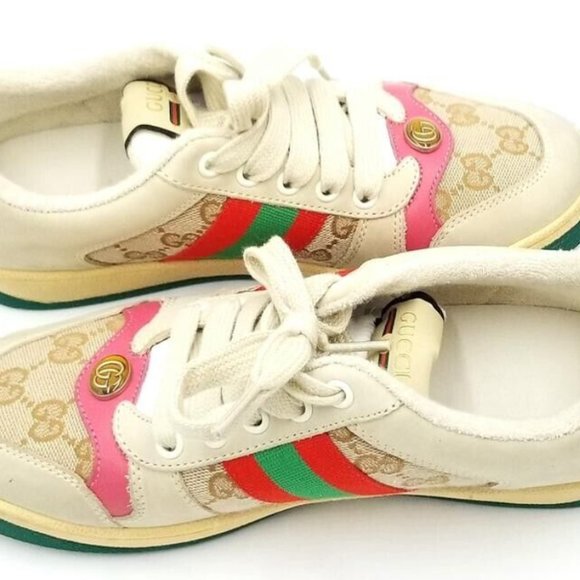 Gucci GG Logo Screener Web Stripe Beige with Pink Leather Trim Size EU39/US8.5 - Picture 7 of 9